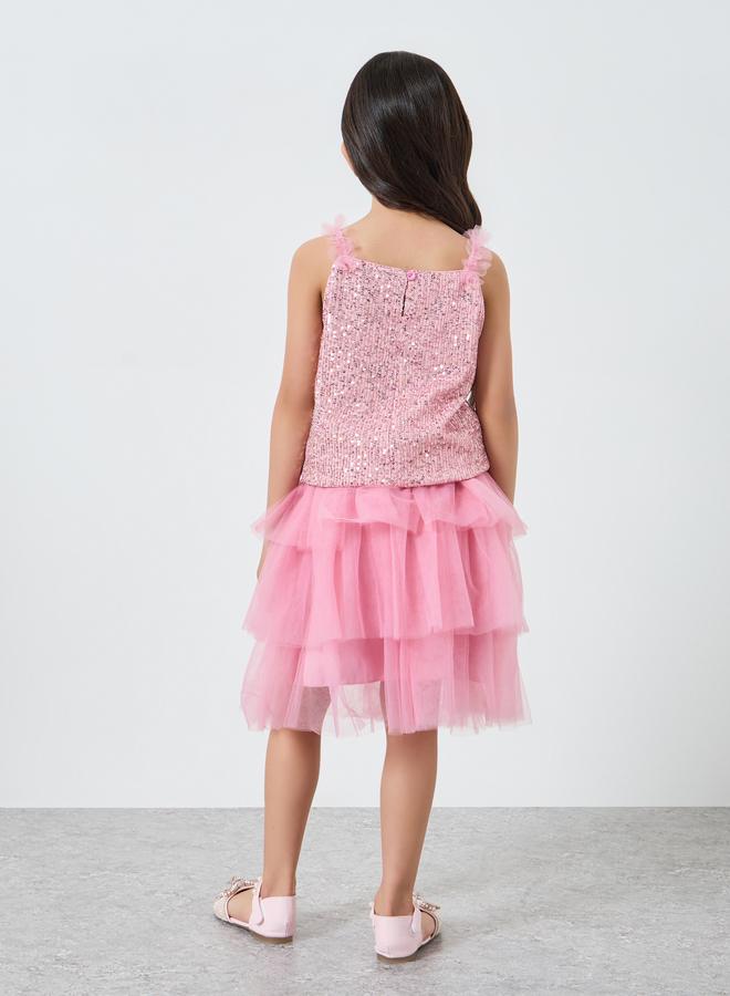 Styli Girls Pink Sequin Top and Tiered Tulle Skirt Set - Image 5
